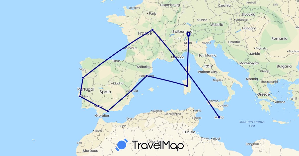 TravelMap itinerary: driving in Spain, France, Italy, Malta, Portugal (Europe)